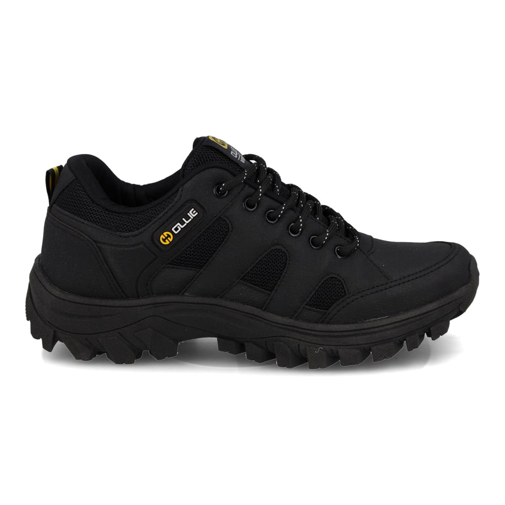 Tênis Ollie Adventure Masculino Preto BRONCOS-400 sintético em ângulo frontal com cadarço e detalhes em amarelo e preto